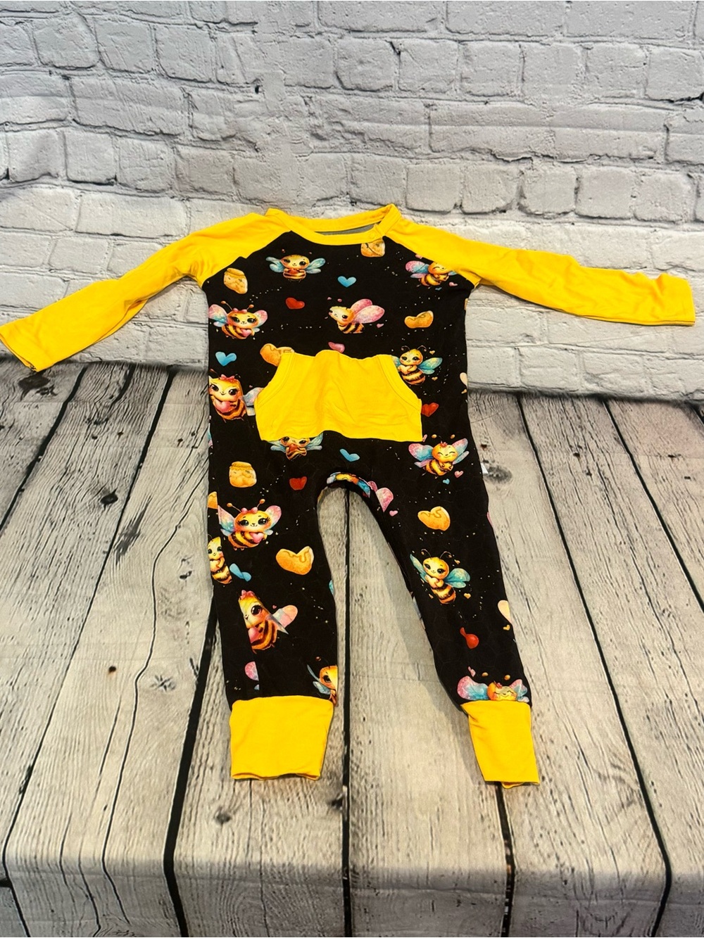 Glimmers Bees and Hearts Bamboo Crescent Zip Romper